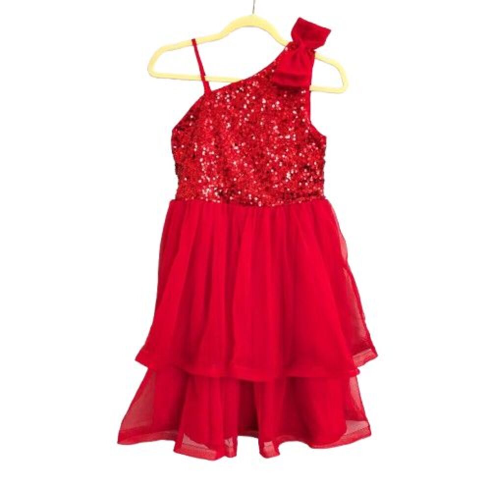 Grace Karin Girls Red Sequin & Tulle Dress One Shoulder Bow Size 14Y NWT Formal